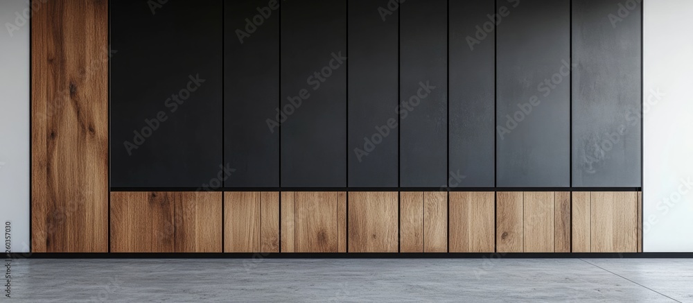 Poster scandinavian style sideboard with wooden and black doors on white wall creating minimalistic empty s