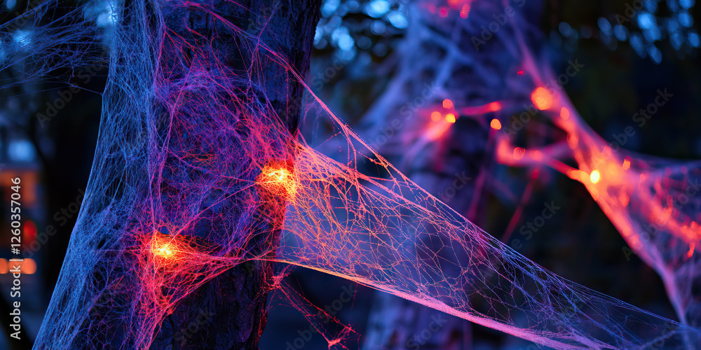 Poster illuminated artificial spiderwebs on tree trunk