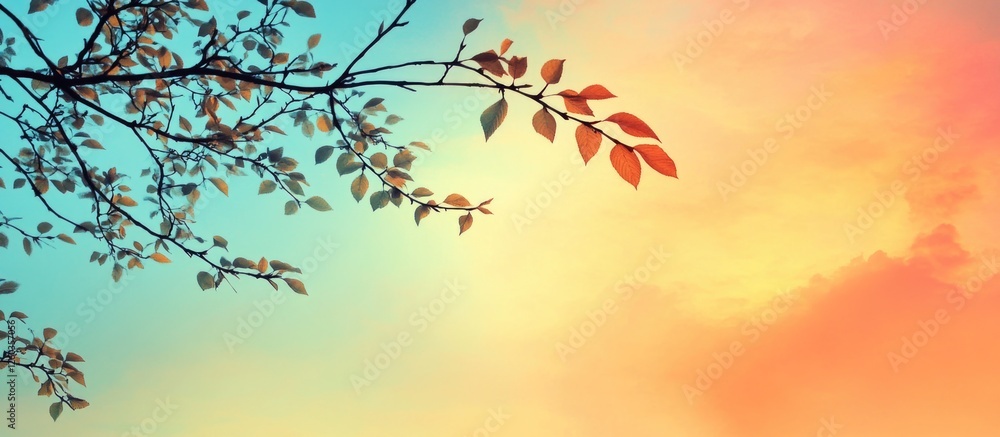 Poster silhouette of tree branches and leaves against a colorful gradient sky at sunset creating a serene a