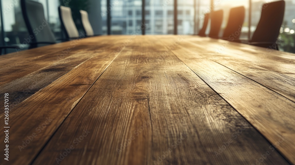Poster wooden conference table in modern office with daylight reflections and empty space for text in a col
