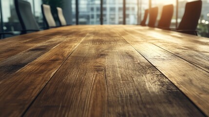 Obraz premium Wooden conference table in modern office with daylight reflections and empty space for text in a collaborative work environment