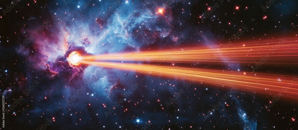 Poster cosmic representation of light speed demonstrating vibrant energy beams illuminating the depths of s