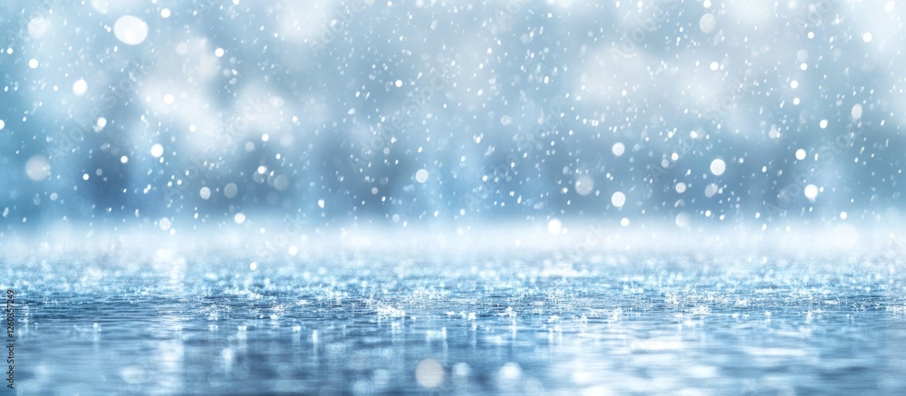 Poster silvery blue highlights on water surface during rain with a blurred background creating a serene and