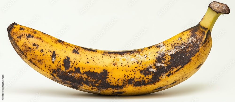 Poster ripe banana with speckles isolated on white background showcasing its texture and color variations. 