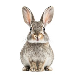 Obraz premium Cute grey rabbit sitting, white background, pet, Easter