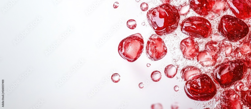 Poster vibrant red jam droplets on a delicate light background with ample space for text and design element