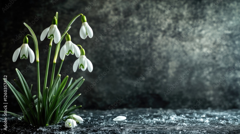 Poster snowdrop flowers in spring on dark textured background with empty space for text or logo design in n