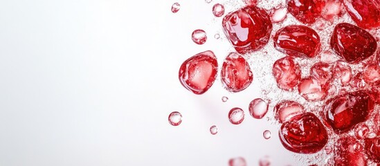Vibrant red jam droplets on a delicate light background with ample space for text and design elements