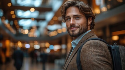 Fototapeta premium Businessman with suitcase walking through an airport terminal showcasing travel and professionalism in a modern setting.