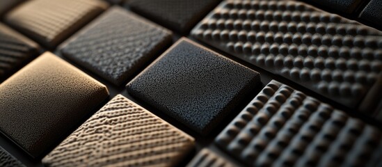 Textured soundproofing panels in various patterns and finishes for acoustic design and sound insulation background.