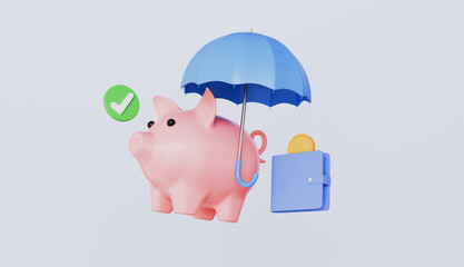 Piggy bank under an umbrella with wallet and checkmark, savings protection and personal wealth management, presenting financial security