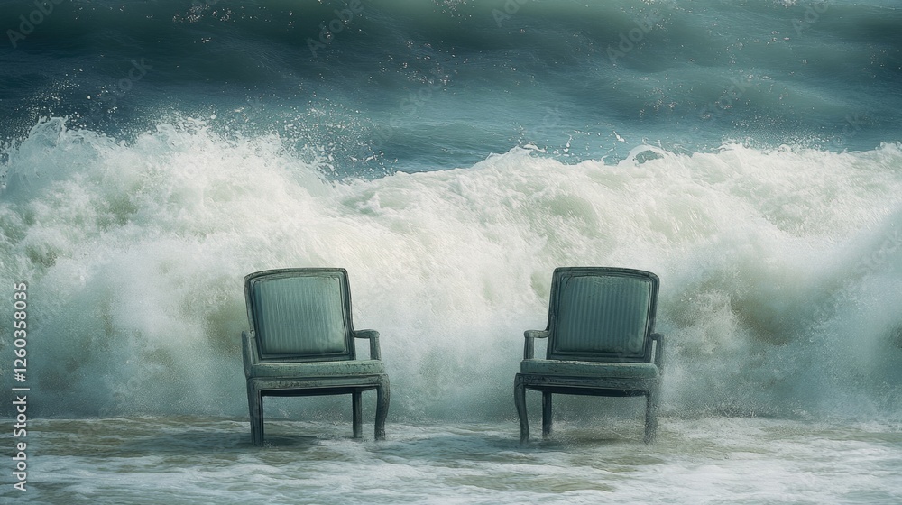 Poster two empty chairs by the ocean waves create a calm and inviting atmosphere for relaxation and contemp