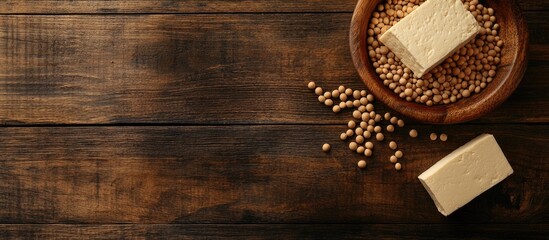 Soybeans and tofu in wooden bowl on rustic wooden background top view displaying natural textures and healthy food concept