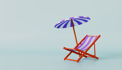 Summer time with beach chair and beach umbrella on pastel color background
