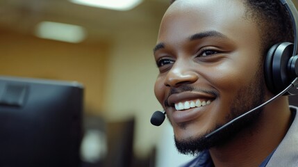 Friendly Call Center Agent Engaged in Conversation While Using Headset in Modern Office Environment