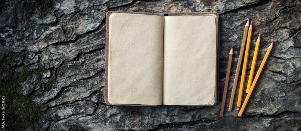 Aufkleber sketchbook and colored pencils arranged on tree bark surface ideal for creative design and nature th