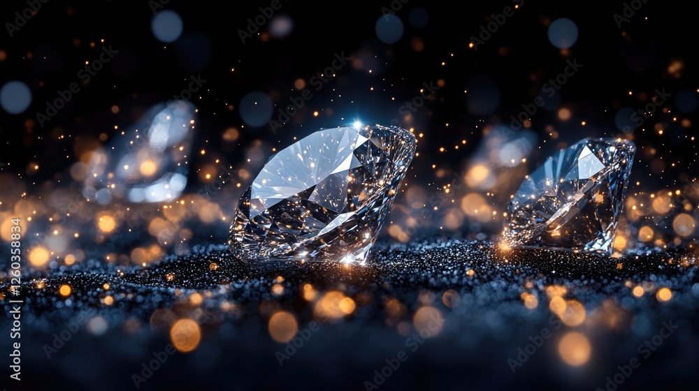 Aufkleber cascading sparkling diamonds on a dark background with a blurred bokeh effect and ample space for te