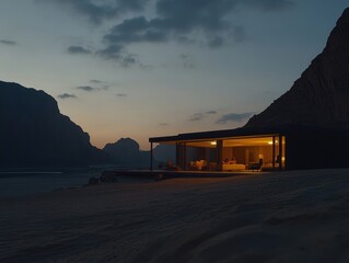Obraz premium A minimalist contemporary home with warm interior lighting sits on a sandy beach at twilight, facing dark mountains. Large windows showcase the evening landscape. Interior light illuminates the