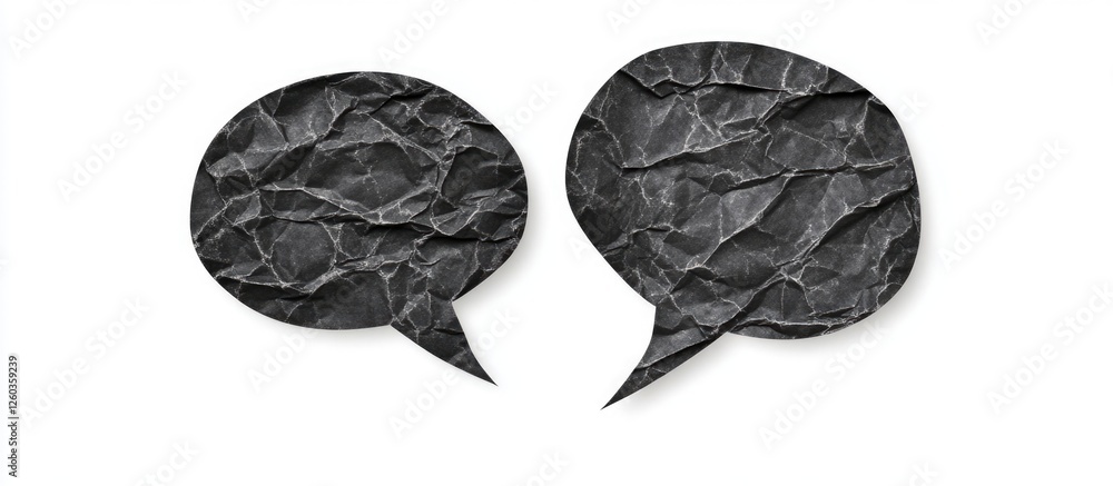 Poster crumpled black paper speech bubbles for scrapbook collage chat empty text elements on transparent ba