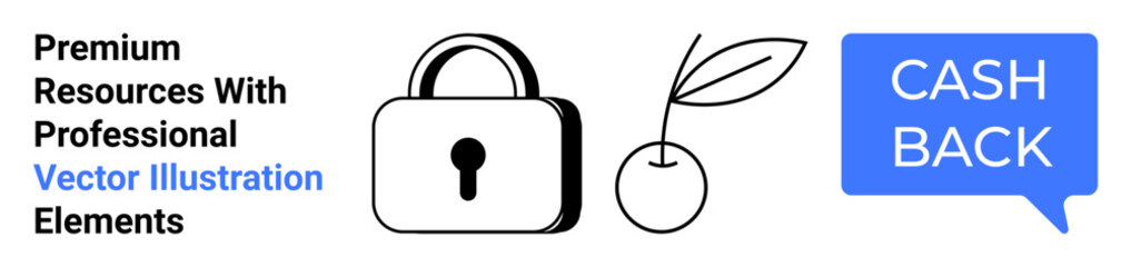 Lock symbolizing security, cherry icon for reward, and CASH BACK text in speech bubble. Ideal for finance, savings, e-commerce, digital wallets, safety, incentives flat landing page banner