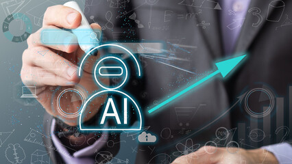 Programmer people working laptops or smartphones with AI, artificial intelligence software engineer coding on laptop computers with technology icons and binary code, big data, Ai bot digital machine