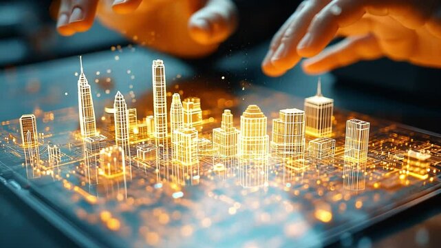 City of Tomorrow: Digital hands hover over a futuristic cityscape model, a shimmering vision of urban development and technological innovation.  The scene pulses with the promise of progress.