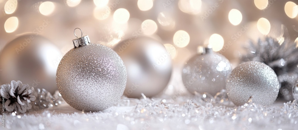 Poster silver and white bokeh lights creating a festive abstract background with christmas ornaments and sh