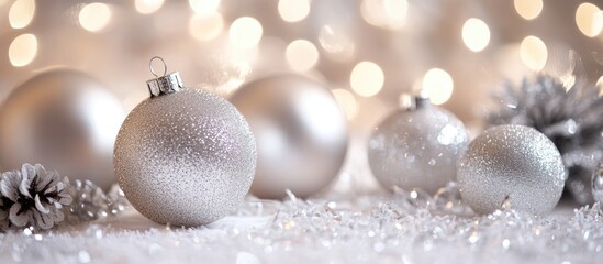 Silver and white bokeh lights creating a festive abstract background with Christmas ornaments and shimmering decorations for holiday themes