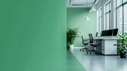 Modern minimalist office workspace with sage green walls, sleek desks, ergonomic chairs, and large windows providing natural light. Ideal for business, technology, and lifestyle stock photography.
