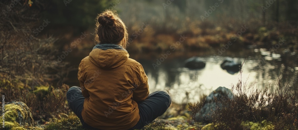 Poster serene individual meditating in a tranquil natural setting with ample blank space for text or brandi