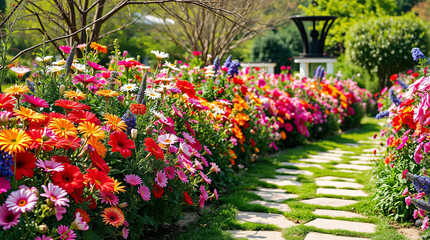Obraz premium A Beautiful Garden Pathway Lined with Colorful Flowers