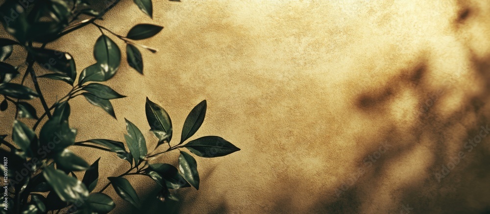 Poster natural green leaves cast gentle shadows on a soft golden background creating a serene ambiance with