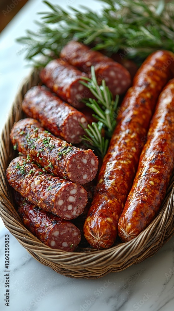 Poster this image showcases a selection of colorful sausages displayed in a woven basket, complemented by r