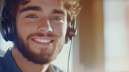 Smiling young customer service agent in headset promoting effective teamwork and communication in a modern office environment