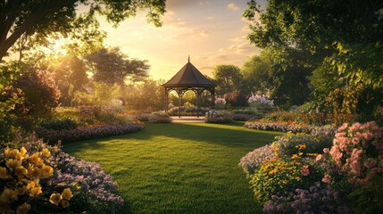 Sunset garden gazebo peaceful landscape