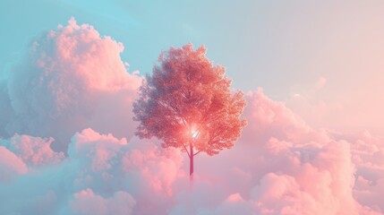 Fototapeta premium A surreal scene featuring a glowing tree bathed in radiant light, surrounded by vibrant pastel-colored clouds, evoking a dreamlike tranquility. AI generated.