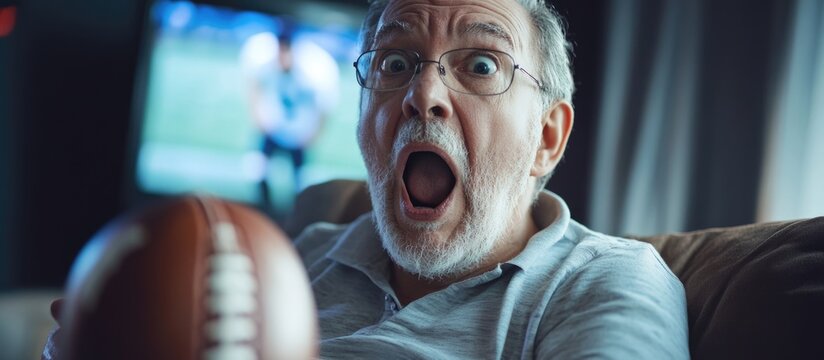 Excited senior man experiencing shock while watching football on television with space for caption or text insertion.