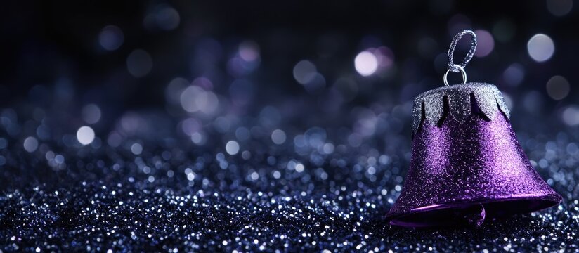 Purple Christmas bell on black glitter background with selective focus emphasizing festive decor and space for text or holiday themes