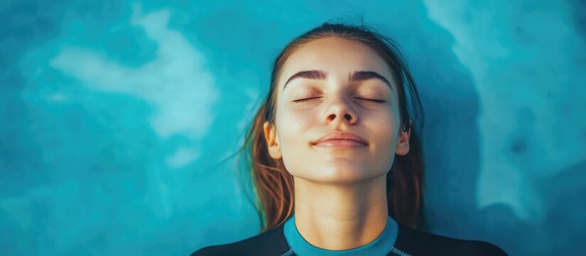 Young woman meditating underwater during free diving class with serene expressions and turquoise background for wellness and relaxation themes