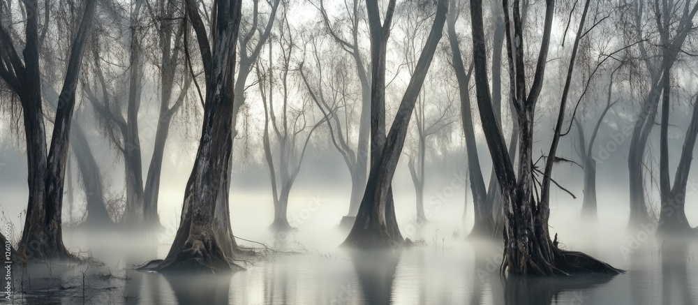 Poster misty park landscape with skeletal trees shrouded in fog creating an ethereal and atmospheric scene.