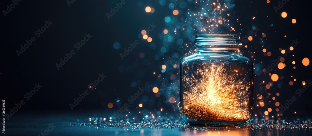 Poster glass jar explosion with sparkling light effects and ample space for text to create dynamic visual i