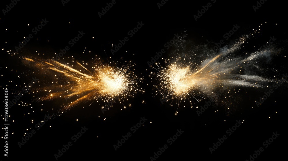Poster gold and silver fireworks bursting in dark sky creating a stunning display with copy space for text