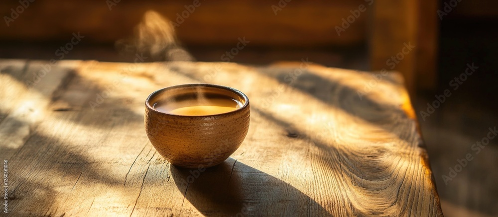Poster inviting coffee cup resting on rustic wooden table with soft natural light and shadows creating a wa