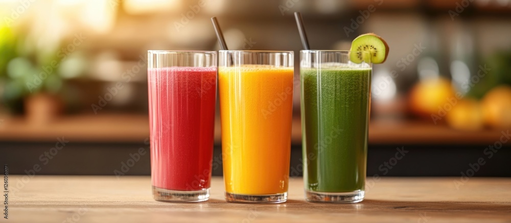 Poster freshly made colorful smoothies in kitchen with natural light and empty space for text use in health