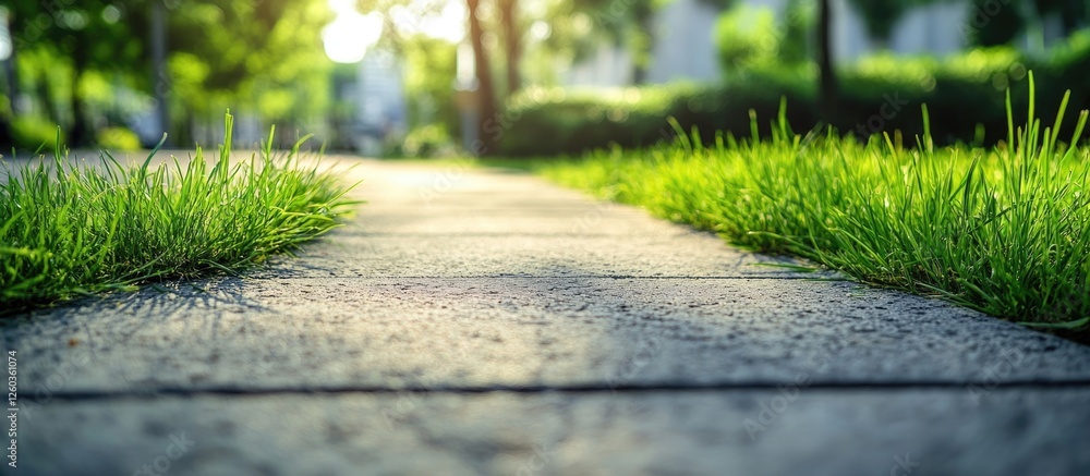 Poster lush green grass along a textured sidewalk path in a serene natural setting with soft sunlight filte