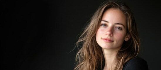 Fototapeta premium Portrait of a Young Woman with Natural Makeup and Soft Hair After a Night Out Against a Subtle Dark Background with Copy Space