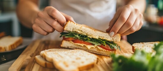 Young woman preparing healthy sandwiches in a bright kitchen with fresh ingredients and space for text in a home cooking concept