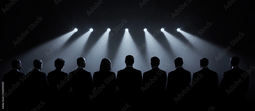 Poster silhouetted business professionals in an auditorium with stage lights creating a dramatic atmosphere