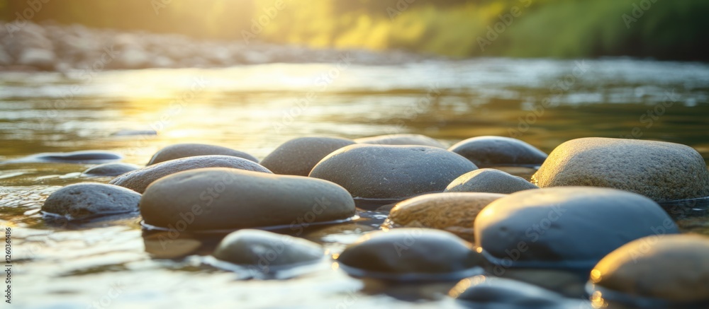 Poster smooth river stones with a blurred background illuminated by warm sunlight creating a serene natural
