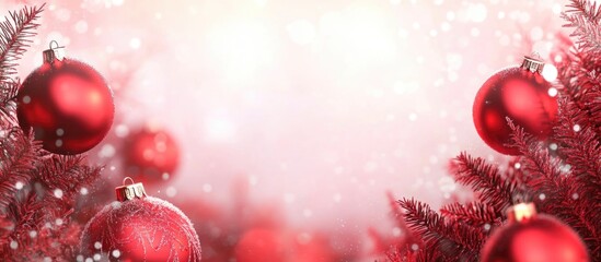 Fototapeta premium Festive holiday background featuring shimmering red baubles hanging from snowy fir branches with a dreamy soft-focus effect